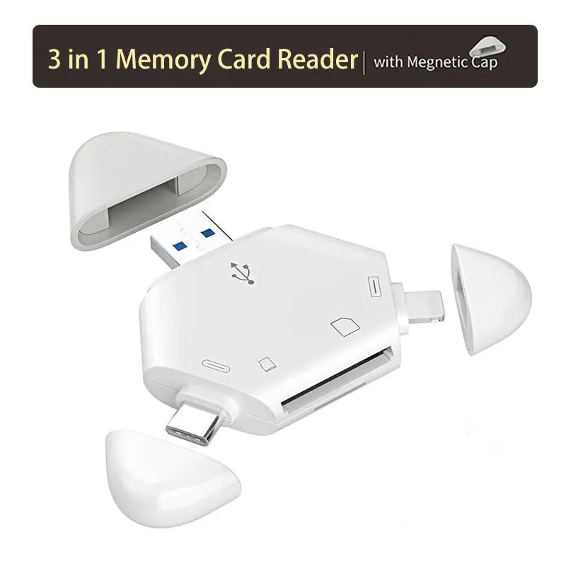 3 In 1 Memory Card Reader With Triangle Magnetic Cap Support TF/SD For PC Laptop MacBook Smart Phone