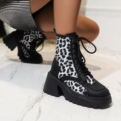 Leopard Print Chunky Heel Booties Female Lace-up Platform British