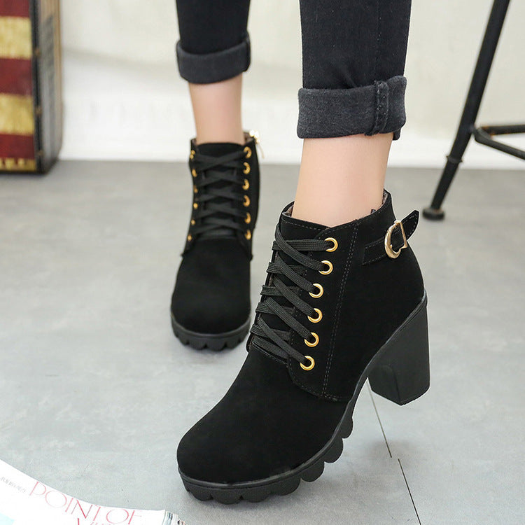 Chunky Block Heel Boots Buckle Ankle Boots Women Shoes