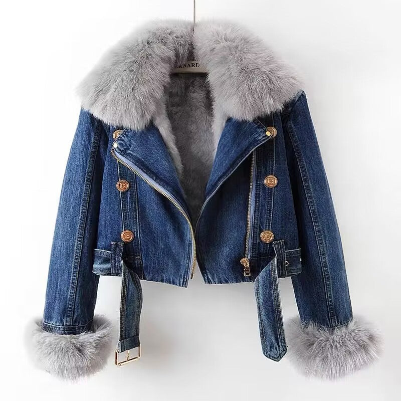 Detachable Fox Fur Rabbit Fur Liner Denim Coat