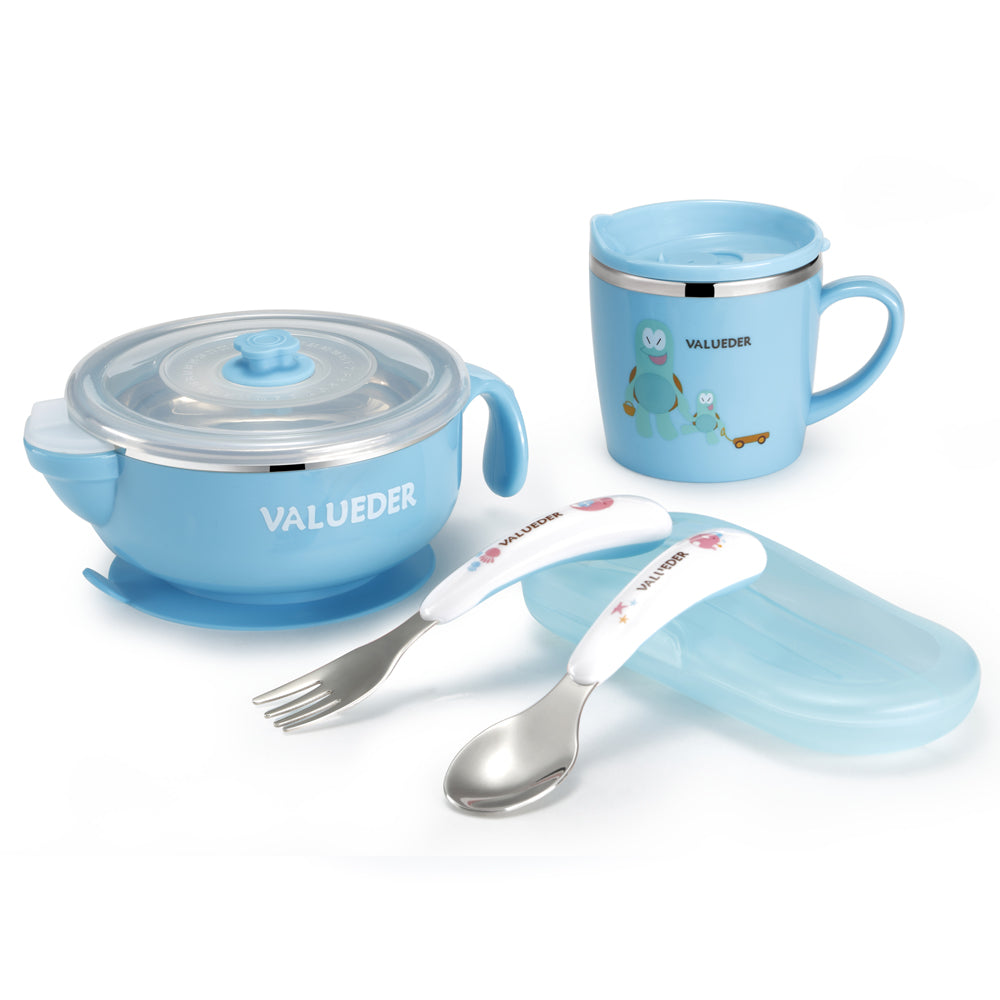 VALUEDER Baby Stainless Steel Feeding set with Baby Feeding Bowl Baby Spoon and Baby Cup As Gift Box