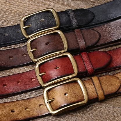 Men's Cowhide Vintage Distressed Pleated Brass Buckle Belt