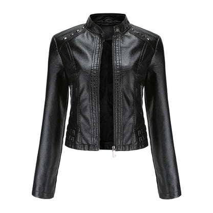 Studded Leather Women Short Jacket Long Sleeves