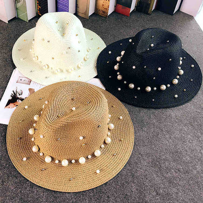 Outdoor Beach Flat Brim Straw Pearl Beaded Hat