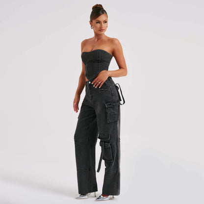 Women's Suit Low Waist Three-dimensional Tube Top And Pocket Stitching Jeans Pants