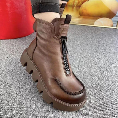 Cotton Boots Soft Full Grain Leather Retro Platform Motorcycle Boots Muffin Heel