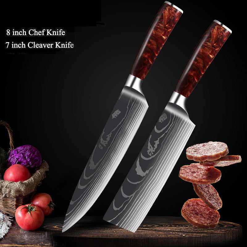 Red Resin Handle Damascus Laser Pattern Set Kitchen Knife