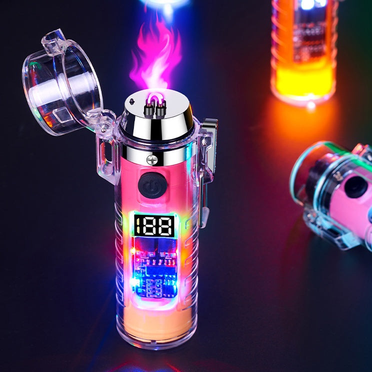 Transparent Shell Dual Arc USB Charging Lighter Outdoor Waterproof LED Colorful Light Power Display Illumination Light Gadgets