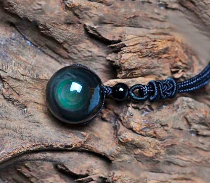 Natural Obsidian Rainbow Eye Transfer Good Luck Pearl Pendant Necklace Polyester Rope Chain Necklace Jewelry For Woman