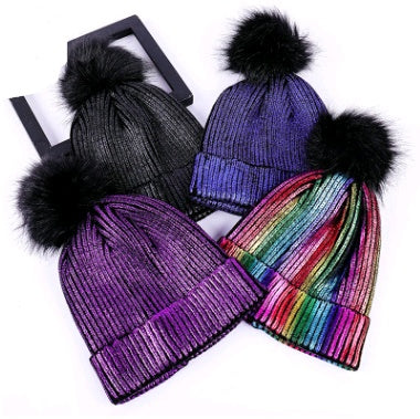 Autumn and winter new hat color hair ball knit hat men and women warm gold silver shiny wool hat