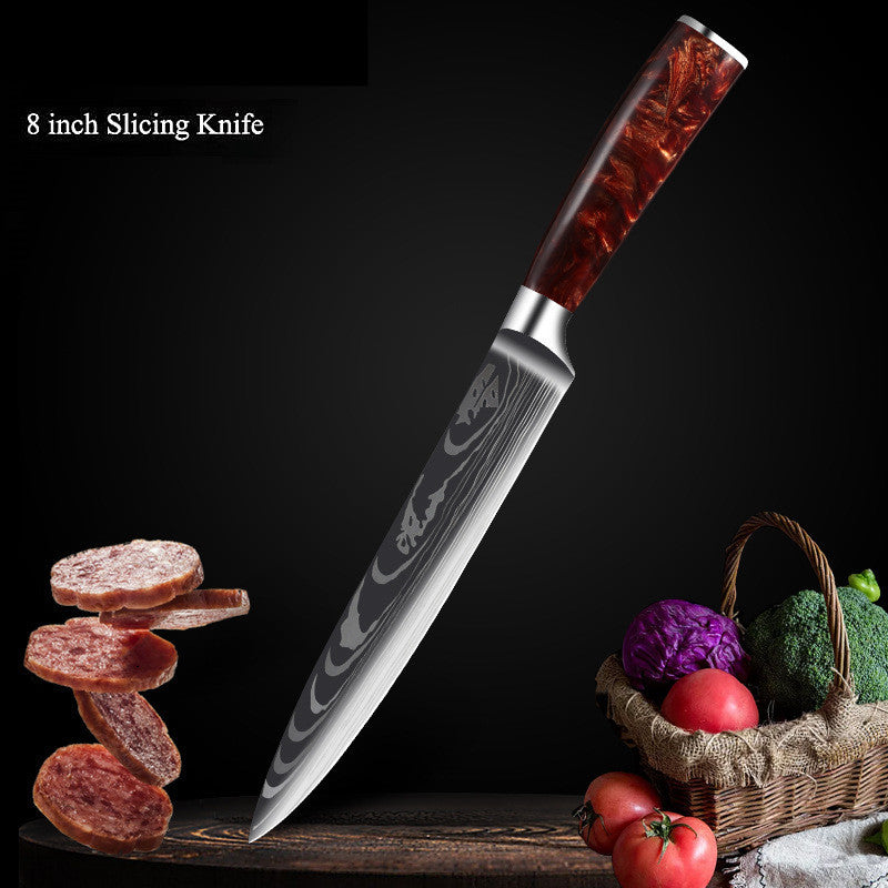 Red Resin Handle Damascus Laser Pattern Set Kitchen Knife