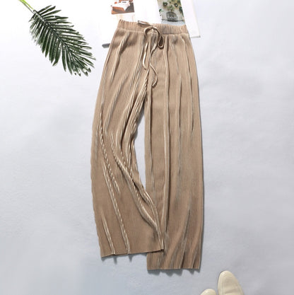 Pleated wide-leg pants trousers high waist vertical spring and summer new loose casual pants chiffon trousers ice silk nine points pants