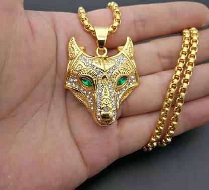 Men Stainless Steel Necklace Gold Color Viking Wolf Head Necklace Pendant With Chain Iced Out Norse Talisman Ethnic Jewelry