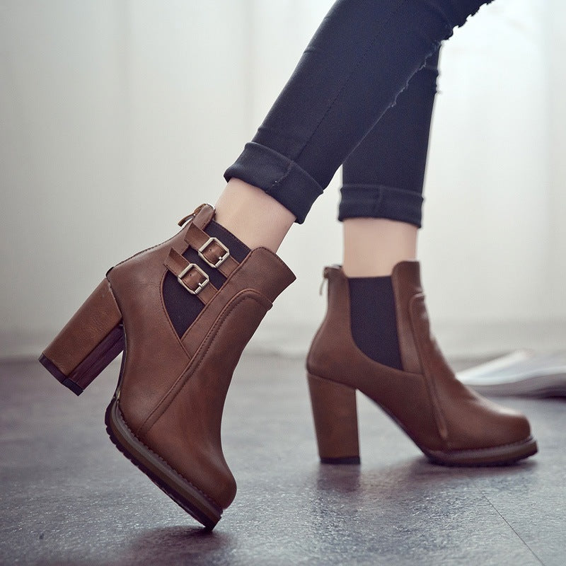 British retro thick with belt buckle boots high heel elastic women's booties