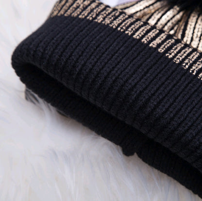 Autumn and winter new hat color hair ball knit hat men and women warm gold silver shiny wool hat