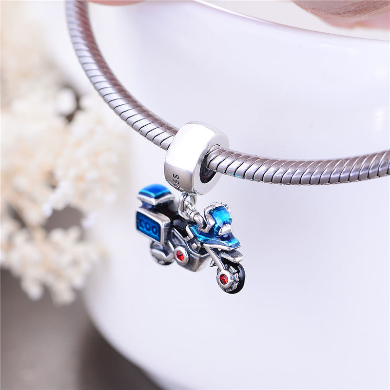 S925 Sterling Silver Ornament Trendy Cool Blue Motorcycle Pendant Handmade Bracelet Accessories