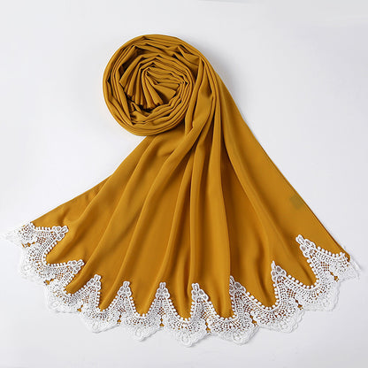 New Pearl Chiffon Scarf Malaysia Fashion Stitching Lace Scarf