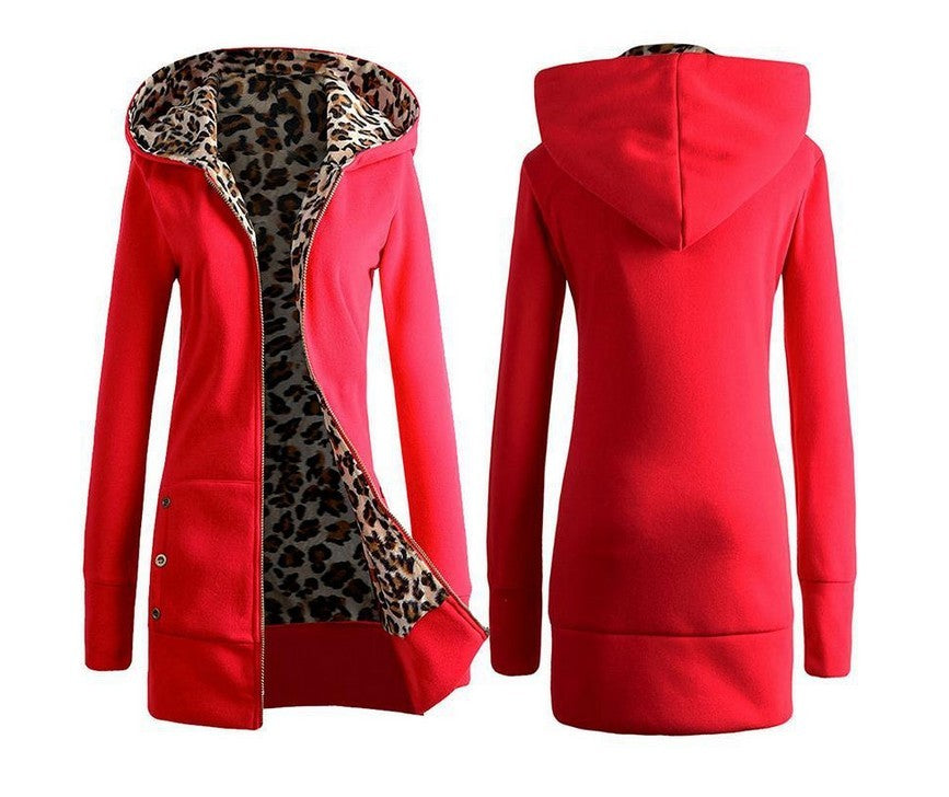 Hooded Thickening Leopard Print Sweater Plush Coat Female