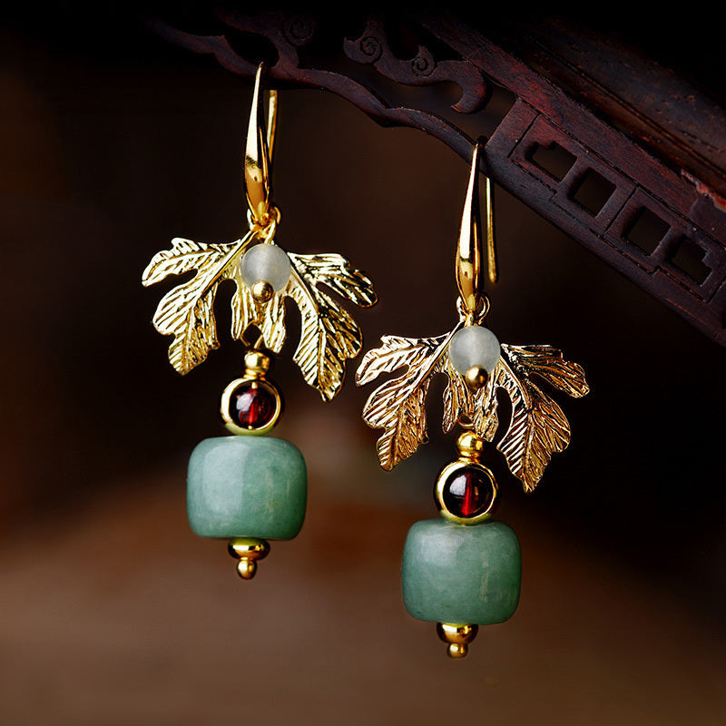 Green Apple 14k Gold Tree Leaf Earrings Ethnic Style