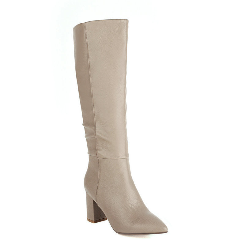 Medium Tube Pointed Toe Thick Heel And Fleece Boots