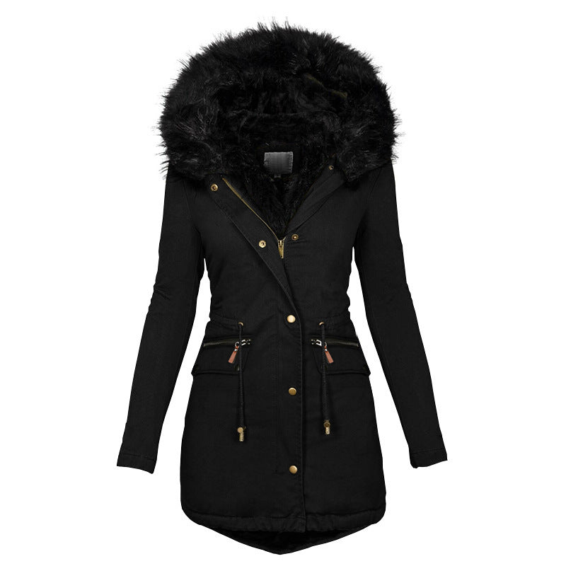 Women's Solid Colorfur Collar Hooded Mid-length Warm Cotton Coat