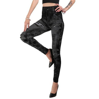 Women's Seamless Fake Ripped Corset Imitation Denim Leggings