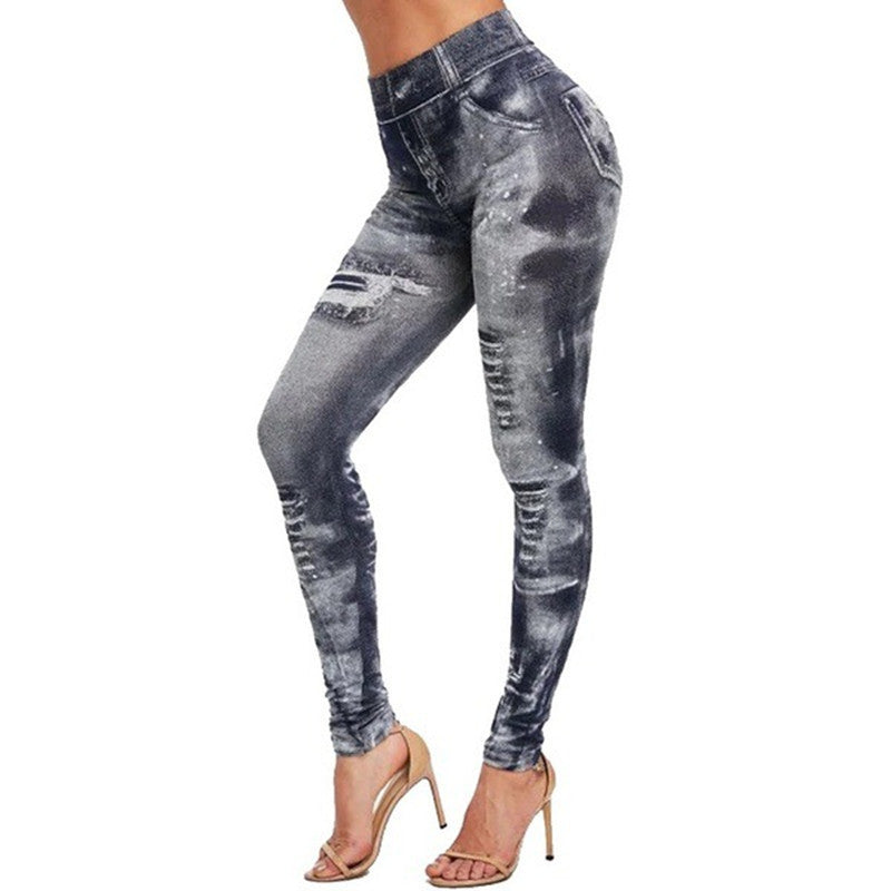 Women's Seamless Fake Ripped Corset Imitation Denim Leggings