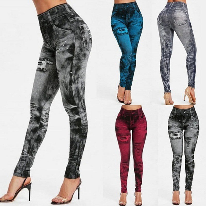 Women's Seamless Fake Ripped Corset Imitation Denim Leggings