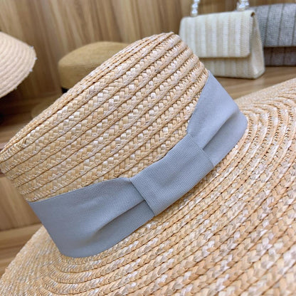 Axin Hat Ornaments Gray Tie Knot Flat Top Thin Straw Wide Brim Top Hat Flat Top Hat Straw Hat