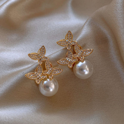 925 Silver Needle Rhinestone Butterfly Pearl Stud Earrings High Quality Light Luxury Fashion Earrings