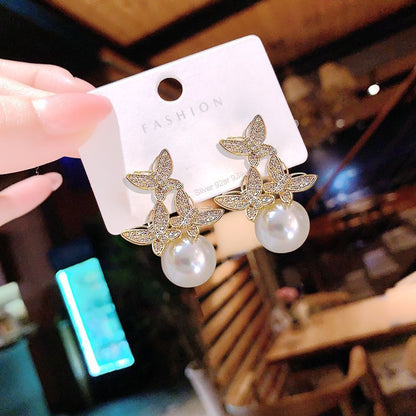 925 Silver Needle Rhinestone Butterfly Pearl Stud Earrings High Quality Light Luxury Fashion Earrings