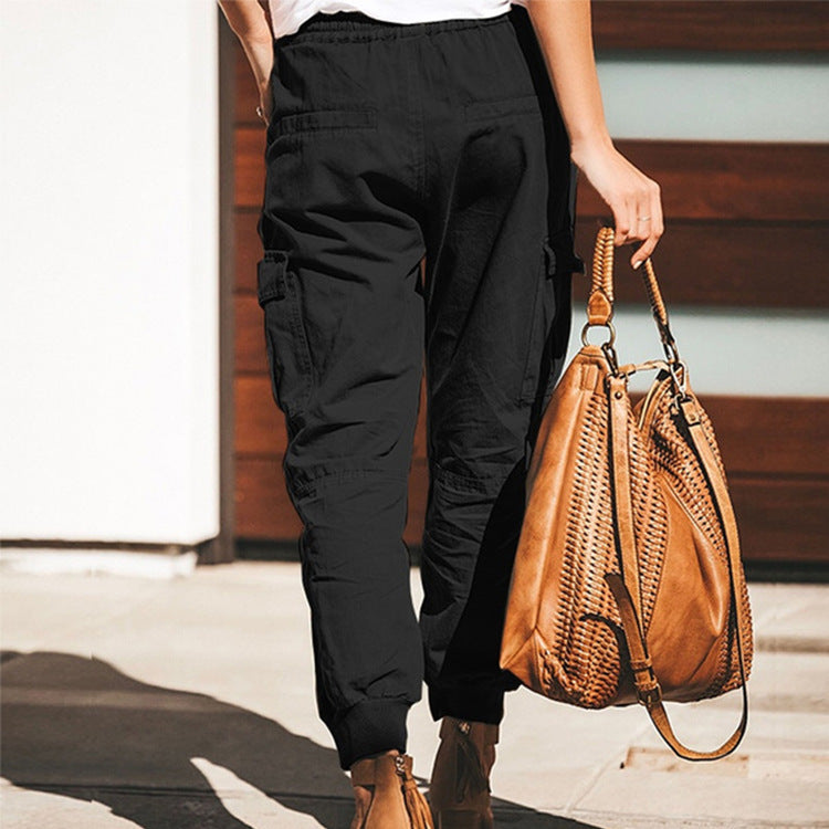 Solid Color Casual Fashion Pocket Lace-up Cargo Trousers