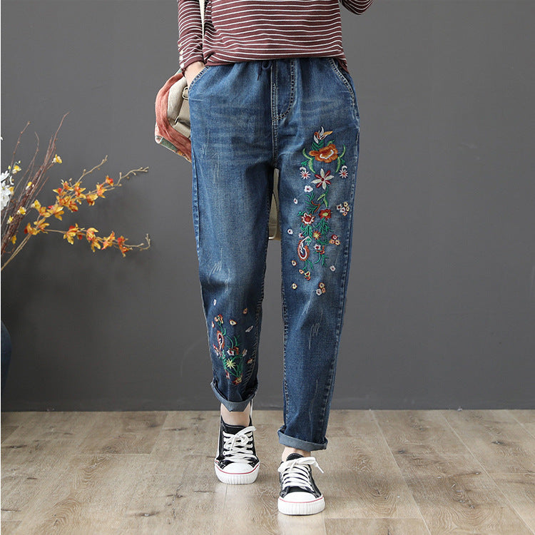 Embroidered Elastic Waist Wide Loose Jeans