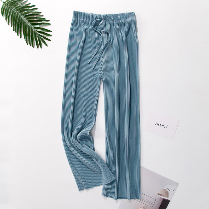 Pleated wide-leg pants trousers high waist vertical spring and summer new loose casual pants chiffon trousers ice silk nine points pants