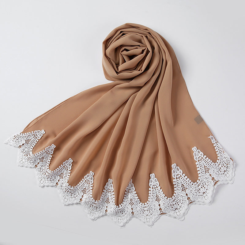 New Pearl Chiffon Scarf Malaysia Fashion Stitching Lace Scarf