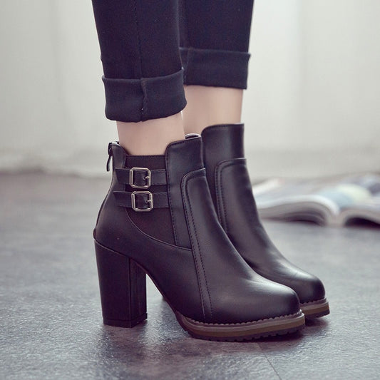 British retro thick with belt buckle boots high heel elastic women's booties