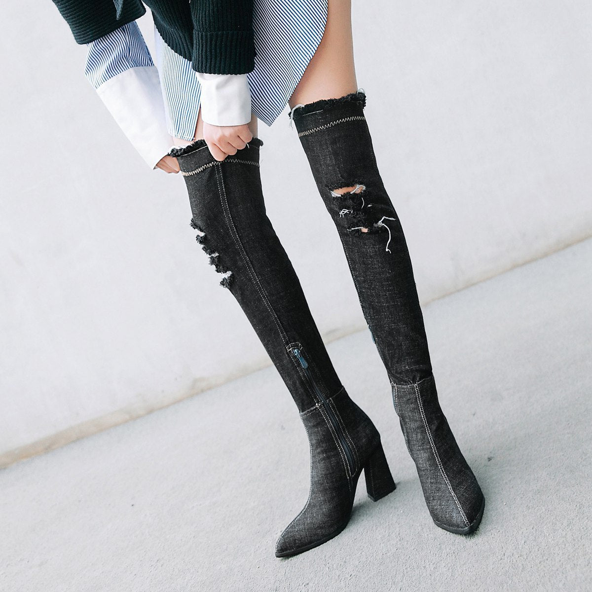 Denim pointed toe women's boots