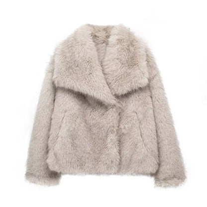 Women's Lapel Long Sleeve Faux Fur Snap Cardigan Loose Short Coat