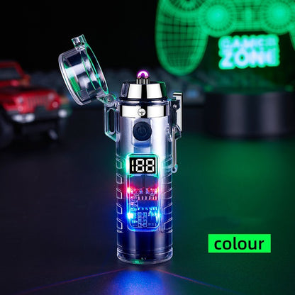 Transparent Shell Dual Arc USB Charging Lighter Outdoor Waterproof LED Colorful Light Power Display Illumination Light Gadgets