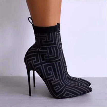 Fashion Ankle Boots Women Thigh High Heel Boots Pointed Toe Print Shoes