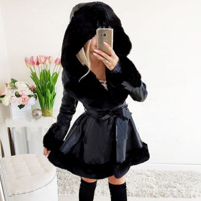 Women's Thermal Hooded Lapel Fur Splicing Coat