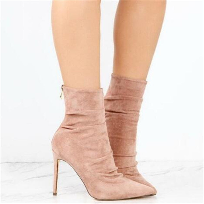 New wrinkled suede light high heel boots in autumn and winter