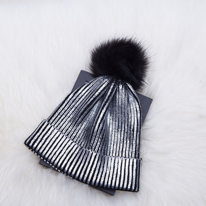 Autumn and winter new hat color hair ball knit hat men and women warm gold silver shiny wool hat