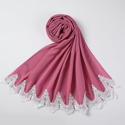 New Pearl Chiffon Scarf Malaysia Fashion Stitching Lace Scarf