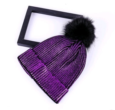 Autumn and winter new hat color hair ball knit hat men and women warm gold silver shiny wool hat