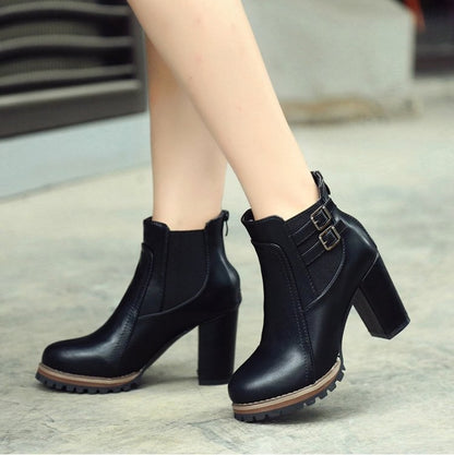 British retro thick with belt buckle boots high heel elastic women's booties