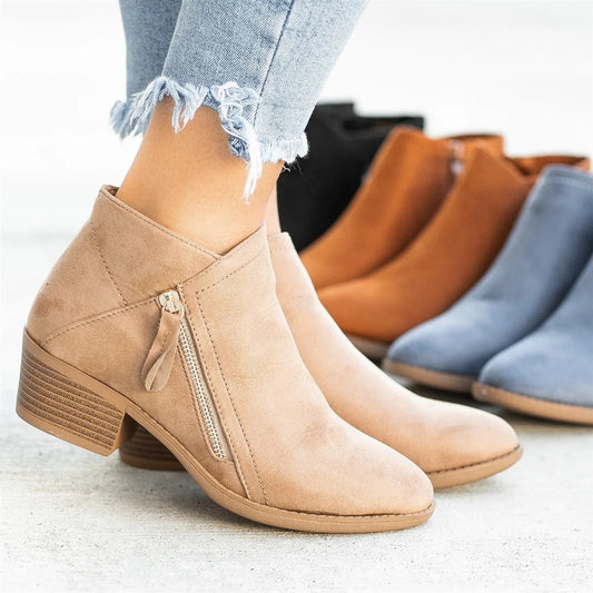 Ankle Boots For Women Low Heels Side Zipper Shoes