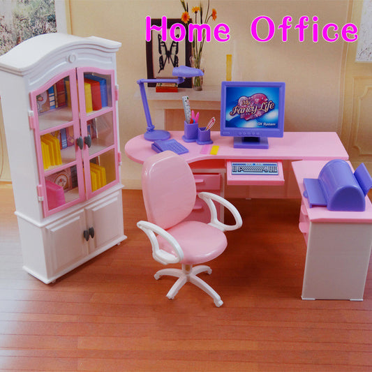 Doll Furniture Office Computer Desk Bookcase Set Play House Toys