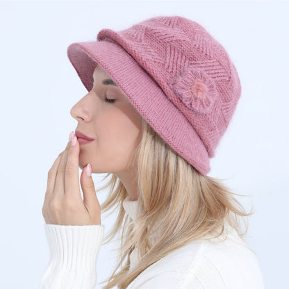 Knitted Hat New Ladies Autumn And Winter Flowers Mother Rabbit Woolen Pot Hat Plus Velvet