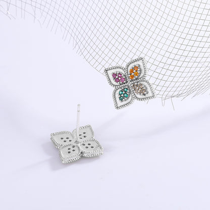 S925 Silver Four Leaf Grass Color Diamond Earrings